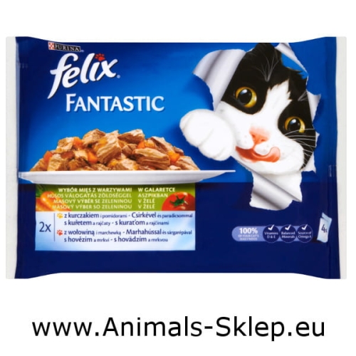 Purina Felix Fantastic z warzywami saszetka 4x100g kurczak i pomidory, wołowina i marchewka