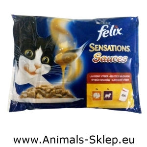 Purina Felix Sensations Sauce Surprise saszetka 4x100g indyk w sosie o smaku bekonu jagnięcina w sosie o smaku dziczyzny