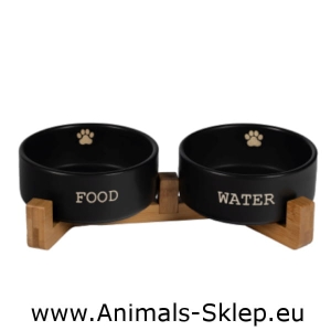 Yarro miski ceramiczne na drewnianym stojaku Food Water  czarne 2x 13,5cm